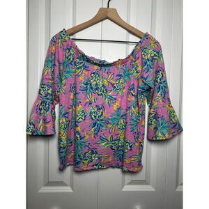 Stella Parker Collection Pink Pineapple Off Shoulder Bell Sleeve Top Size M